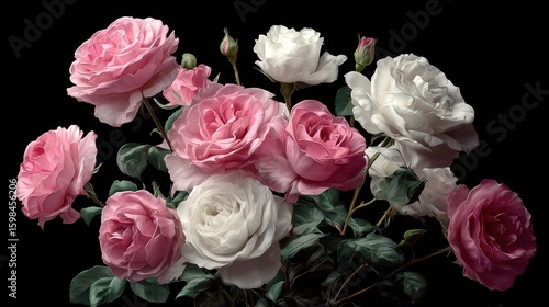 Fototapeta Naklejka Na Ścianę i Meble -  Elegant floral display of roses in full bloom with soft pink and white petals, presented against a dark background.