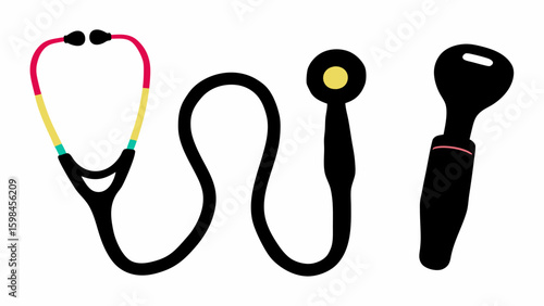 Illustration of a stethoscope with colored tubing and an otoscope on a white background view