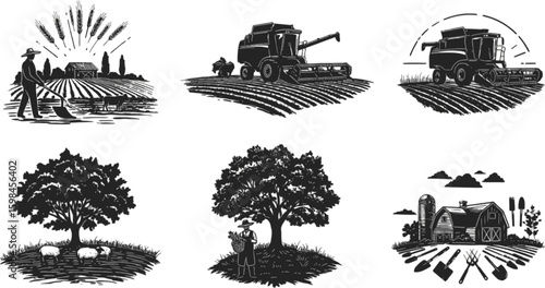 Vector art of a vintage style illustration of rural farm life with tractors, farmers, and harvesting