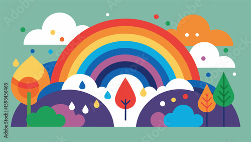 A collaborative mural featuring images of rainbows and raindrops symbolizing growth and renewal after a storm and the resilience of the community in. Vector illustration