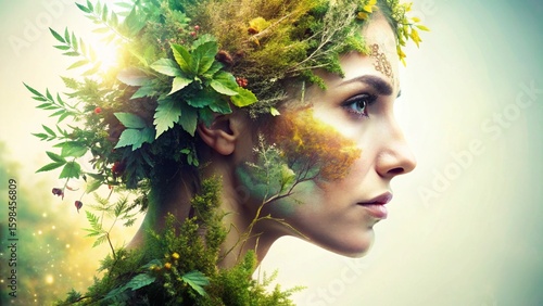 A beautiful woman with flowing hair and captivating eyes smiles amidst a vibrant green spring nature scene, adorned with subtle makeup and delicate flowers