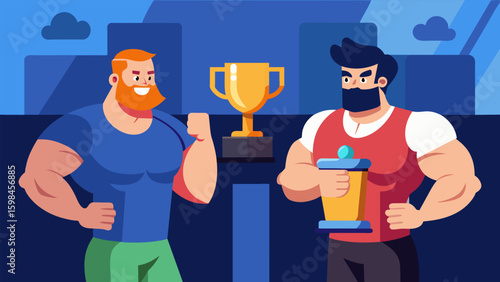 A final showdown between the top two players as the winner is crowned champion of the fitness gaming tournament and awarded a trophy.. Vector illustration