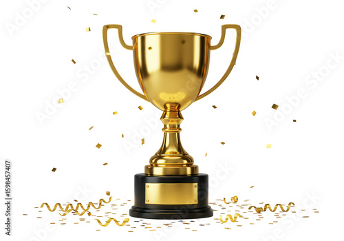 Golden champion trophy with confetti and ribbons isolated on transparent background