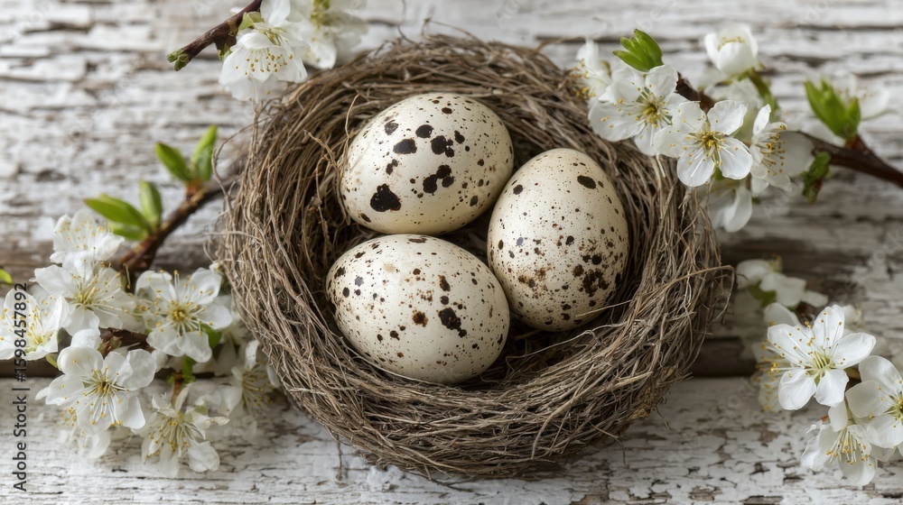 Obraz premium Three speckled eggs rest in a natural nest surrounded by delicate cherry blossoms. The rustic wooden background adds a charming spring ambiance and highlights the beauty of nature.