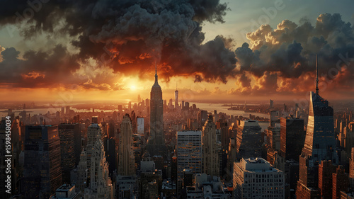 The sun sets over New York city, bathing skyscrapers and river in golden light, creating a stunning backdrop for Manhattan's cityscape