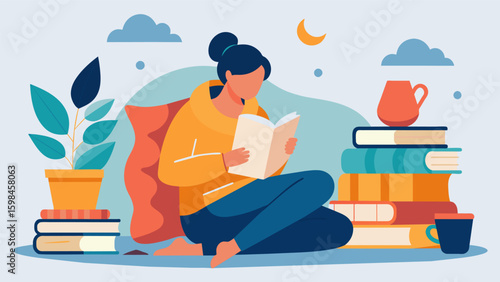 A cozy reading nook with a stack of books and a cup of tea while sketching the textures of the blanket and pillows.. Vector illustration