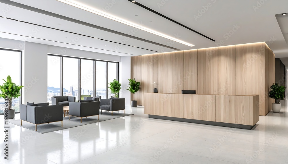 Fototapeta premium Modern office lobby with light wood reception desk and dark seating