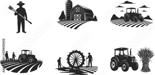 Vector art of silhouetted farmer working the land with tractor and harvesting wheat on the farm, isolated on white background
