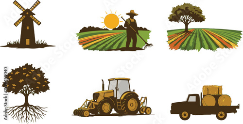 Vector art of farmer working the land with tractor and harvesting crops on the farm with windmill