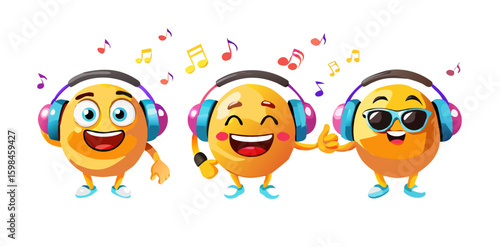 Emoji music emoticon characters vector set. Emoticons 3d character in listening, singing, watching, wearing headphone, happy and cool facial expression for graphic elements. Vector illustration music