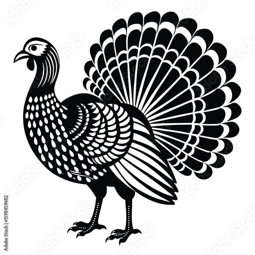 Stylized black turkey with fanned tail bird fowl
