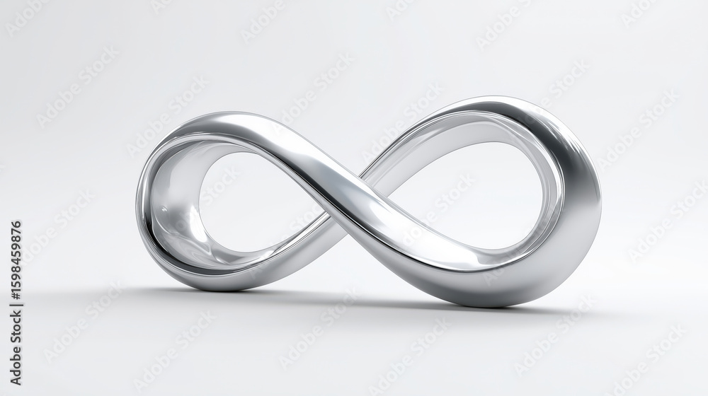 polished, chrome-like infinity symbol stands against a clean white background, evoking timelessness, elegance, and the concept of endless possibilities polished, chrome-like infinity symbol stands against a clean white background, evoking timelessness, elegance, and the concept of endless possibilities