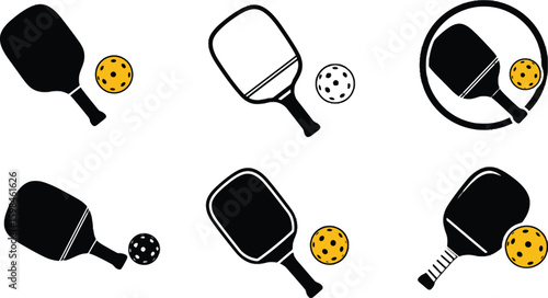 Vector art of a modern set of pickleball paddle and ball icons isolated on white background symbolizes the fun of the game