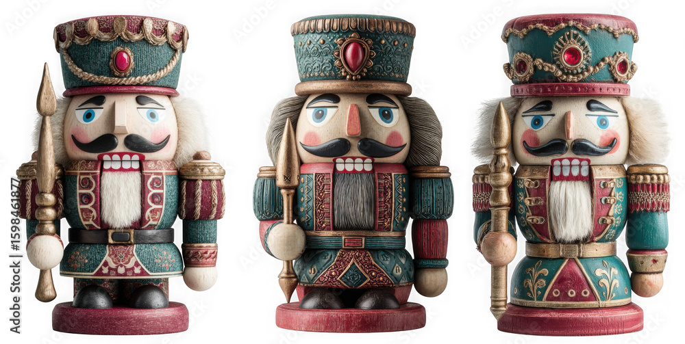 Fototapeta premium Three traditional christmas nutcracker soldier figures dressed in ornate military uniforms stand proudly isolated on transparent background