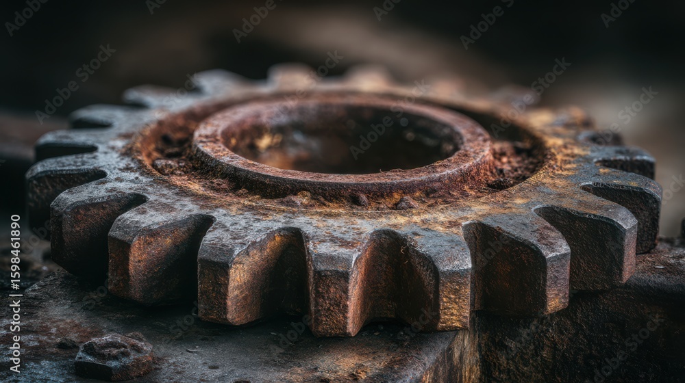 A close-up view of a rusted gear resting on a worn industrial surface. The gear's surface features intricate textures, showcasing its age and wear A close-up view of a rusted gear resting on a worn industrial surface. The gear's surface features intricate textures, showcasing its age and wear