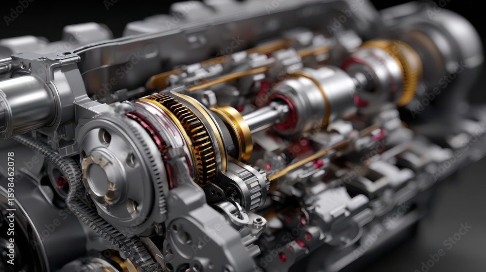 Obraz premium Close-up perspective highlights the complex mechanics of an internal combustion engine with visible gears, pistons, and metallic components in precise arrangement