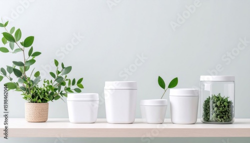 Wallpaper Mural Arrangement Of White Containers And Glass Jars On White Shelf With Green Plants Against Light Green Wall Torontodigital.ca