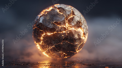 Foto Spherical earth chunk with cracked rock exterior and glowing magma veins underne