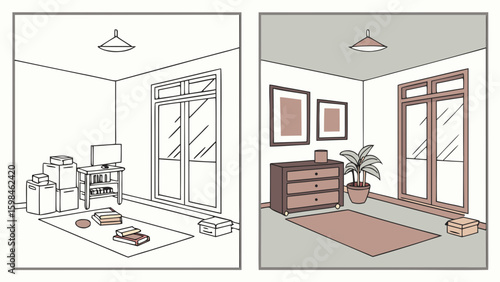 Before and after moving in interior design room makeover renovation home improvement and organization project