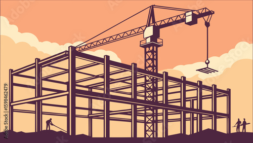 Construction site building framework with crane and workers vector illustration design concept