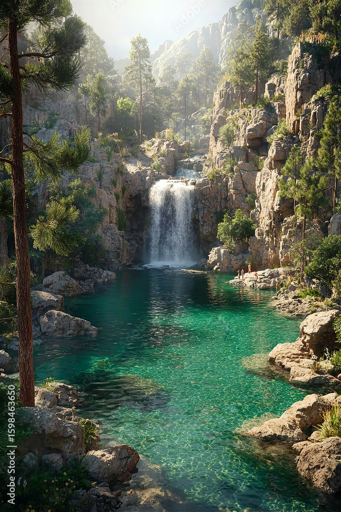 Fototapeta premium Breathtaking landscape with waterfall and mountains covered with forest. Nature and travel, instagram places concept