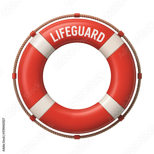 Red and white lifeguard ring with rope and the word lifeguard isolated on a transparent background lifebuoy