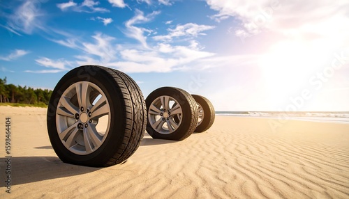 Three car tires on a sandy beach