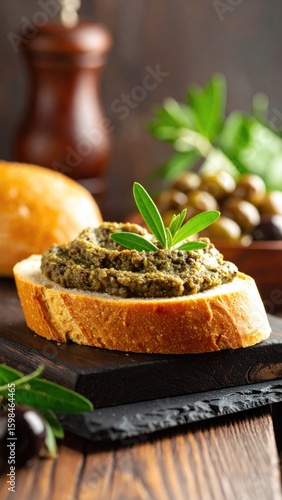 Close Up View Of Olive Tapenade Spread On Crusty Bread Slice With Rosemary Sprig And Wooden Background