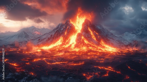 A game setting of landscape from 10,000 BC with volcanoes and lava. Risky dramatic land due to active or inactive volcanoes and lava flows. Features lavic stones spewing out of molten lava and ash.
