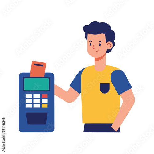 Bank customer using contactless card payment at point of sale isolated on white background