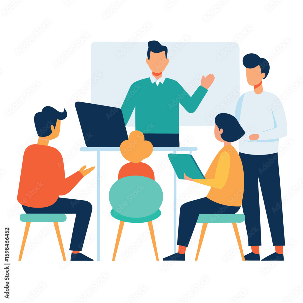 Obraz premium Business coach mentoring startup team sitting together isolated on white background