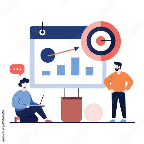 Business team reviewing monthly targets and kpis isolated on white background