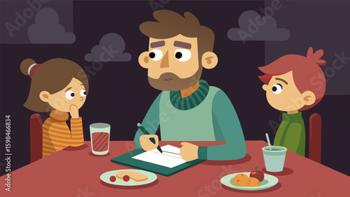 A cartoon version of the artist attending a mundane family dinner secretly taking mental notes for potential comic material.. Vector illustration