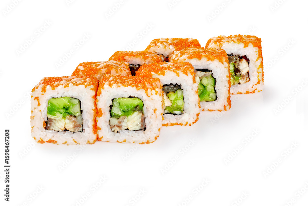 California uramaki sushi rolls with tobiko caviar, avocado and eel are lying on white background California uramaki sushi rolls with tobiko caviar, avocado and eel are lying on white background