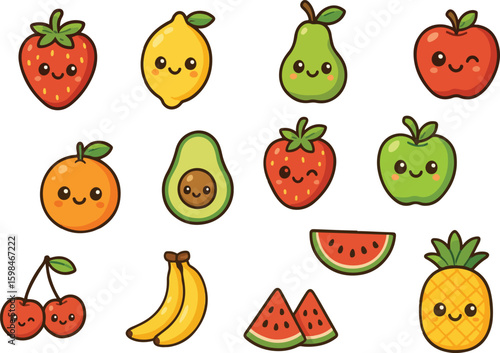 Adorable cartoon fruits smiling and happy in a colorful flat design illustration