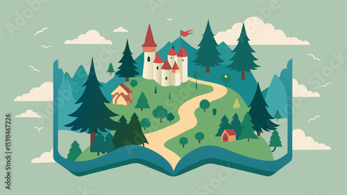 A map of a fairy tale land with enchanted forests and enchanted castles drawn onto the delicate pages of a Victorianinspired art journal.. Vector illustration