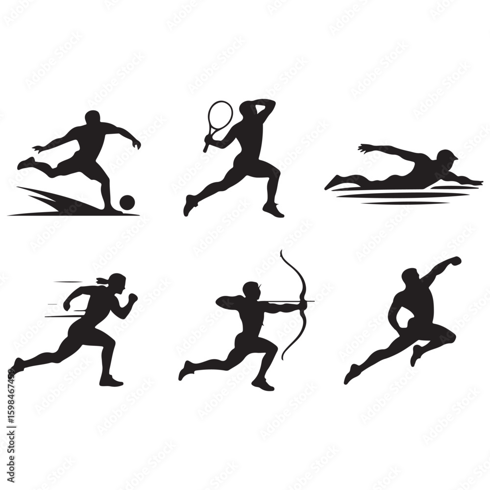 Obraz premium Silhouettes of athletes engaging in various sports activities on a white background in a vector format