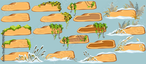 Cartoon game panels with swamp moss, forest lichen, liana branches, jungle leaves, ivy. Marsh reed under snow. Swamp cattails, fern winter. Broken weed and snowdrifts. Vector signboards, frames.
