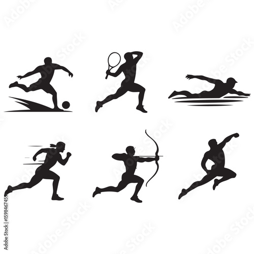 Silhouettes of athletes engaging in various sports activities on a white background in a vector format