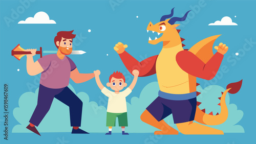 A father and his two sons working together to defeat a dragon in a fantasythemed fitness game.. Vector illustration