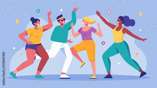 A group of individuals participating in a virtual dance battle mimicking complex choreography and burning calories through precision and coordination.. Vector illustration