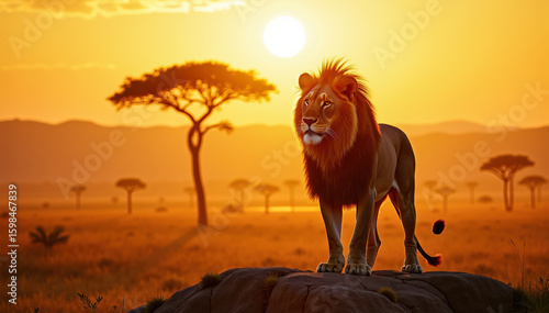 Backlit lion with golden mane stands proud at sunrise, symbolizing strength and majesty.