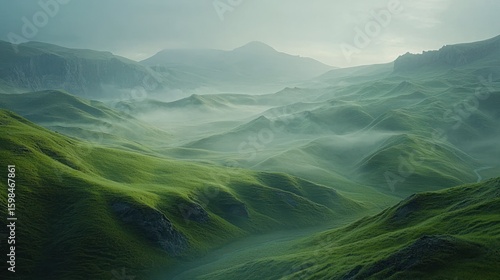 Misty mountain valley, lush green hills