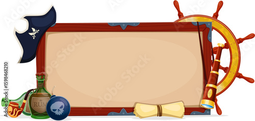 Pirate signboard banner, vector game UI. Cartoon wooden sign board in old wood frame with corsair treasure map, captain hat, wheel and spyglass, rum bottles and smoking pipe. Pirate party banner