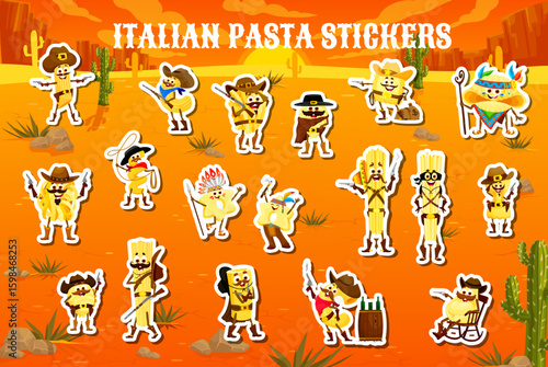 Cartoon pasta cowboy, sheriff and bandit characters stickers pack at Western desert vector background. Wild West personages of italian cuisine spaghetti, penne, farfalle and ravioli pasta characters