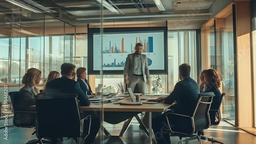 Professionals convene in a modern conference room with glass walls and display charts