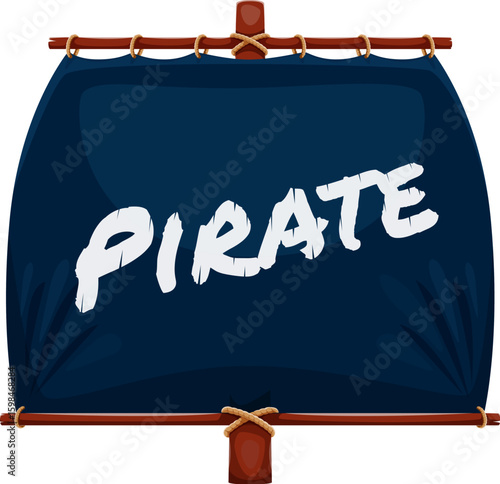 Cartoon pirate ship mast with sail, vector piracy. Corsair sailing boat or sailboat, old wooden galleon, caravel, frigate or schooner rigging front view with wood mast, black sail, spars and ropes