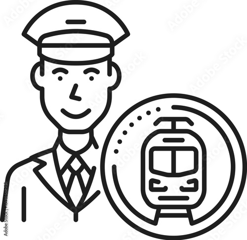Railroad railway icon of train operator or subway motorman, vector pictogram. Railroad and railway line symbol of train driver or ticket control man with badge of metro underground and tram railcar