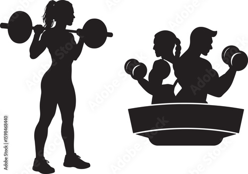 Silhouette of a woman lifting barbell and a group lifting dumbbells for fitness and health
