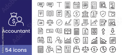 Modern accounting icon set with 54 finance illustrations including invoice, tax, billing, audit, calculator, money, report, bank, payment, and balance symbols for business and bookkeeping use

